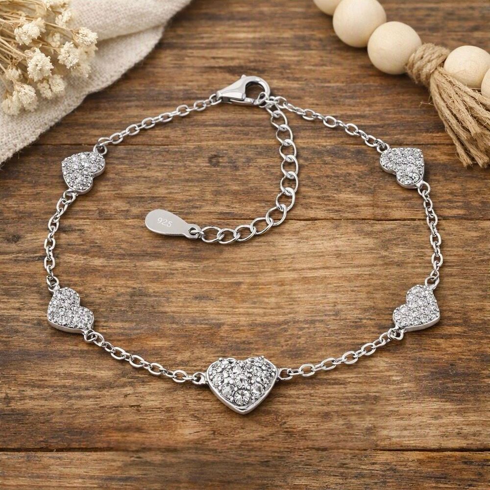 Sterling Silver 925 CZ Heart Station Bracelet – Sparkling Romantic Jewelry Gift